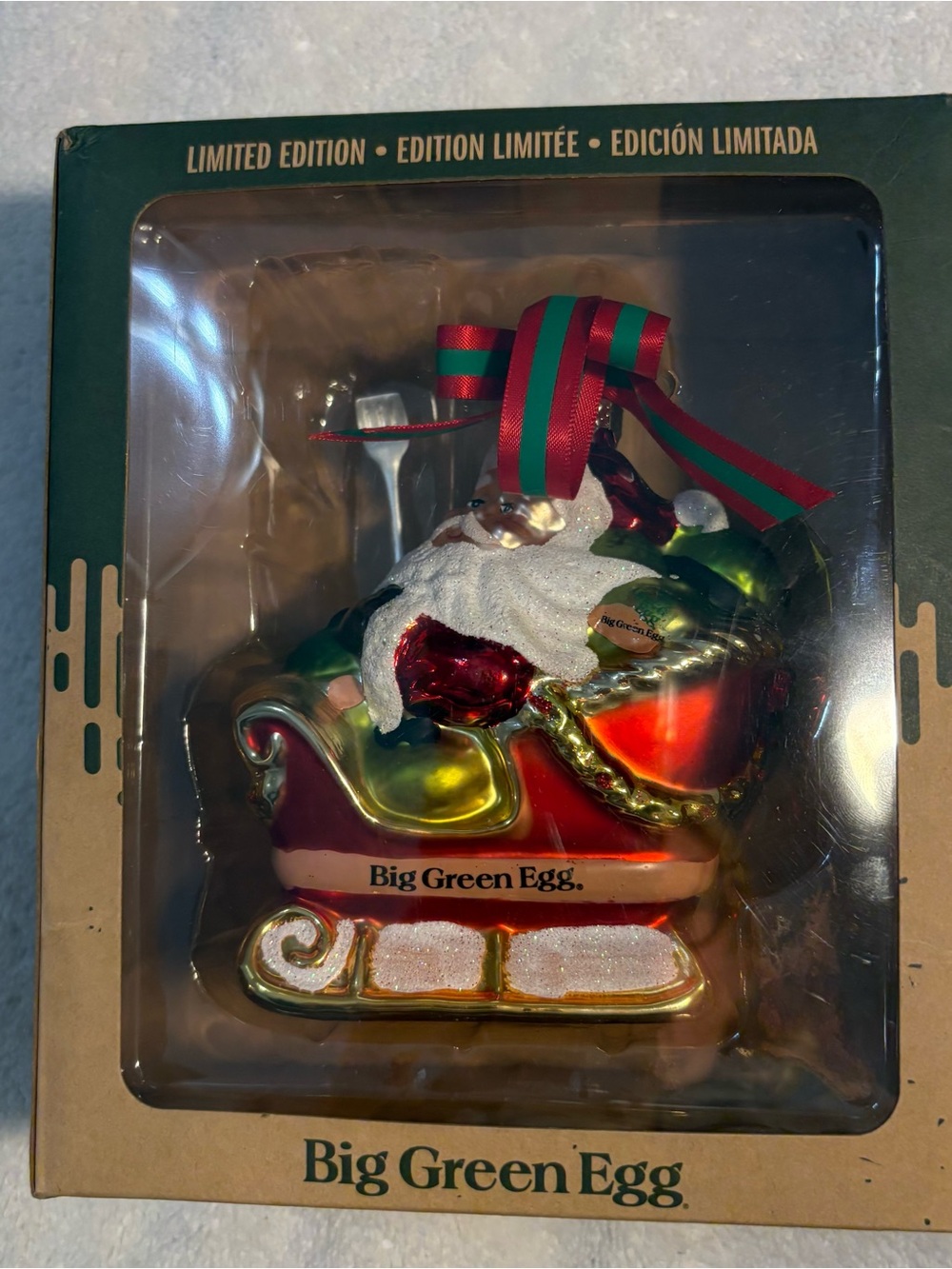 Big Green Egg Santa's Sleigh Glass Christmas Ornament Limited Edition NEW